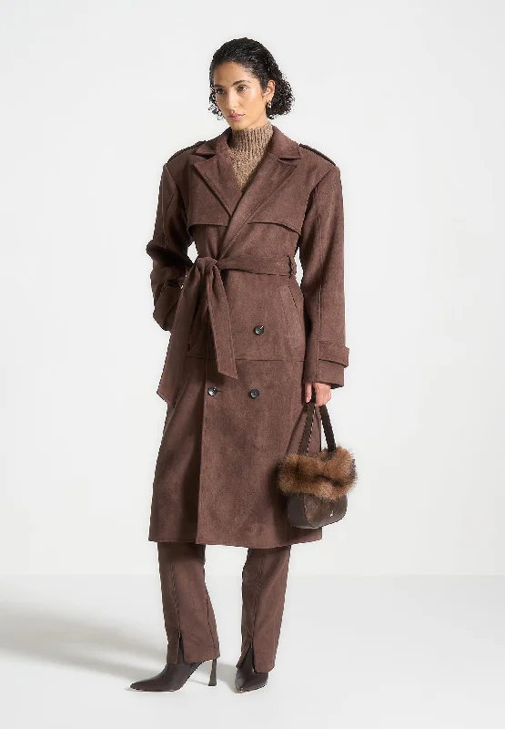 Suede Trench Coat - Brown Wool Cashmere Tweed