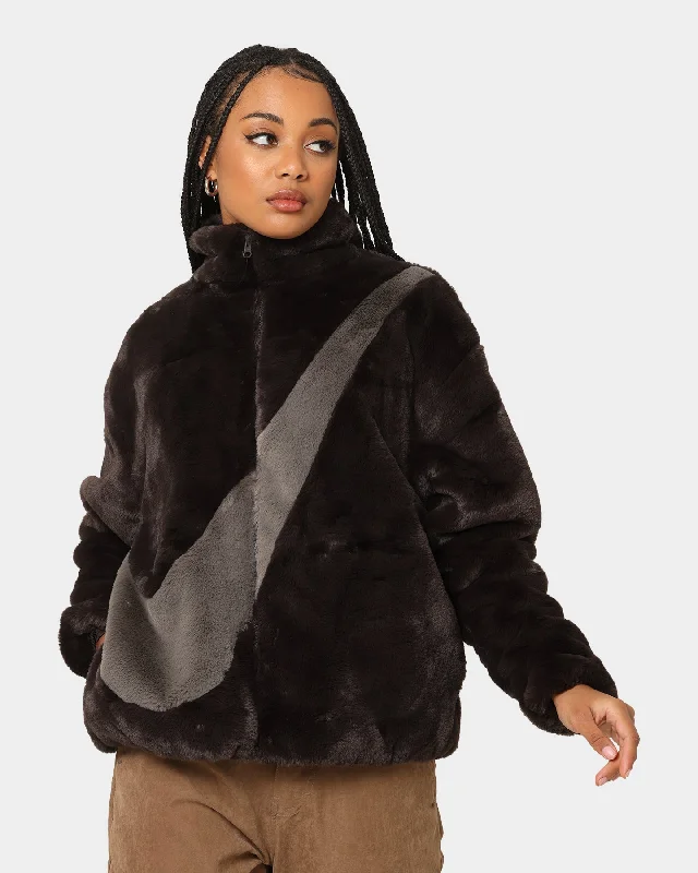 Nike Women's Sportswear Faux Fur Swoosh Jacket Brown Hoodie Zip-Up Jacket Button-Up Jacket