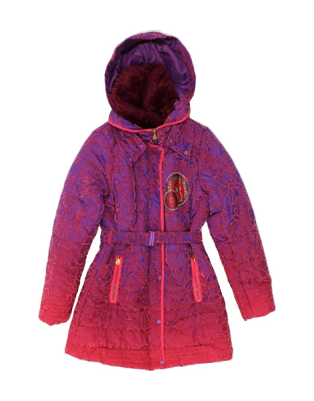 DESIGUAL Girls Hooded Padded Coat 13-14 Years Purple Floral Polyester Cape Coat Herringbone Coat Tweed Coat