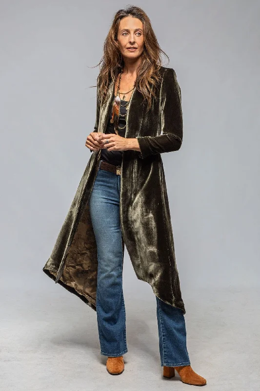 Long Morgana Silk Velvet Coat In Rock Buttoned Zippered Snapped