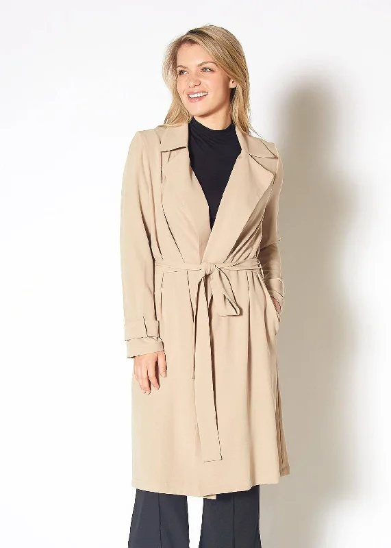 Women's Tie Waist Light Trench Coat in Khaki Trapeze Tunic Caftan