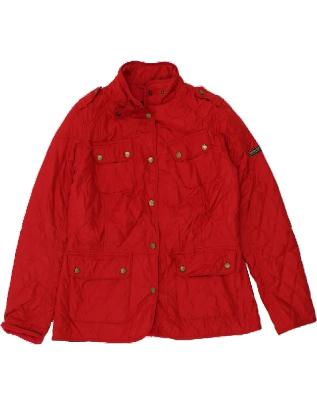 BARBOUR Womens Military Quilted Jacket UK 16 Large Red Polyester Print Jacket Jacquard Jacket Embroidered Jacket