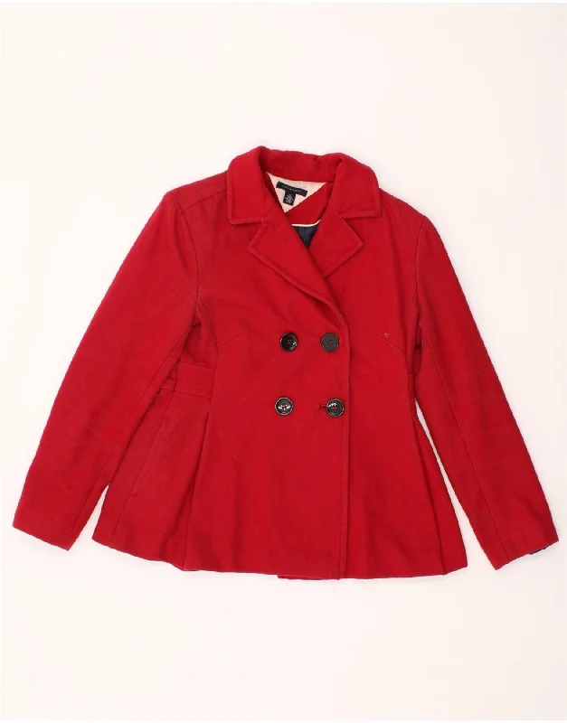 TOMMY HILFIGER Womens Double Breasted Coat UK 14 Medium Red Polyester Trim Padded Insulated