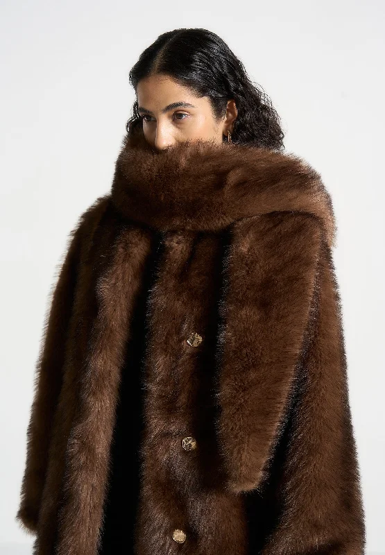 Fur Oversized Coat with Scarf - Brown Tailored Straight A-Line