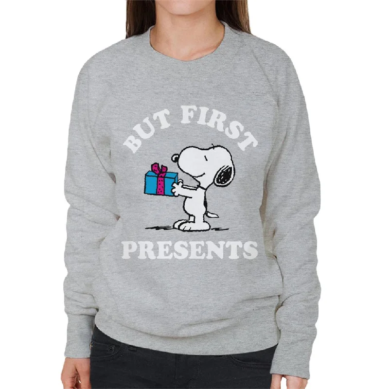 Peanuts Christmas But First Presents Snoopy Women's Sweatshirt Hoodie with Drawstring Waist Adjustable Fitted