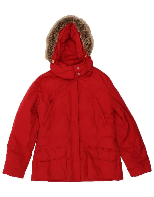 TOMMY HILFIGER Womens Hooded Padded Jacket UK 16 Large Red Polyester One-Shoulder Jacket Off-the-Shoulder Jacket Asymmetrical Jacket