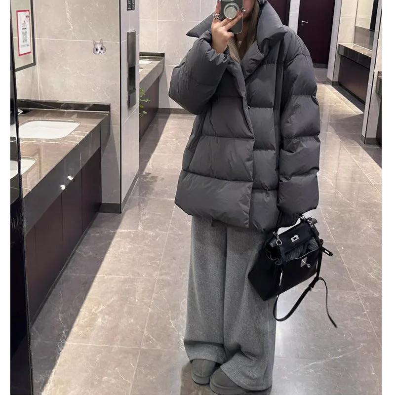 Wjczt cold weather outfits Winter Loose Korean Style Large Lapel Thickened Warm Mid-Length Gray Bread Cotton-Padded Coat Trim Padded Insulated