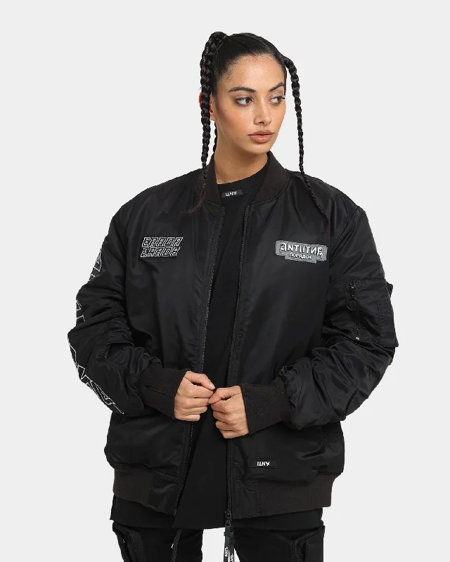 The Anti Order Oblivion Bomber Jacket Black A-Line Jacket Boat Neck Shawl Collar