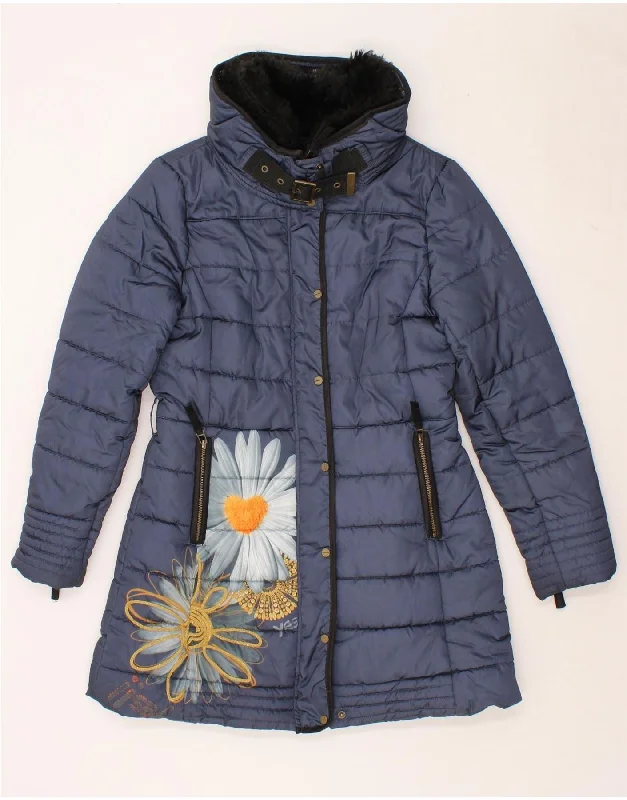 DESIGUAL Womens Padded Coat EU 40 Medium Blue Floral Polyester Solid Print Jacquard