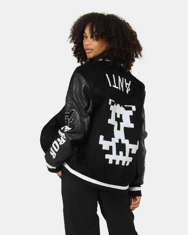 The Anti Order Dead Pixel Leather Varsity Jacket Black/White Zippered Front Buttoned Front Snap Front