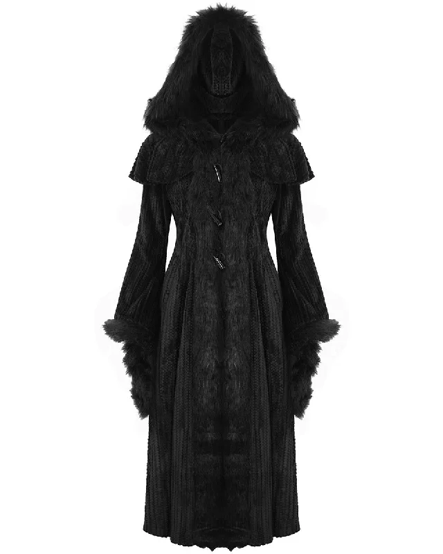Devil Fashion Womens Long Gothic Chenille Hooded Winter Coat empire Basque Peplum