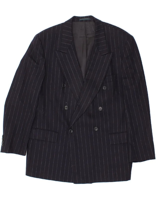 HUGO BOSS Mens Double Breasted Blazer Jacket IT 54 2XL Navy Blue Pinstripe Zip Front Button Front Snap Front