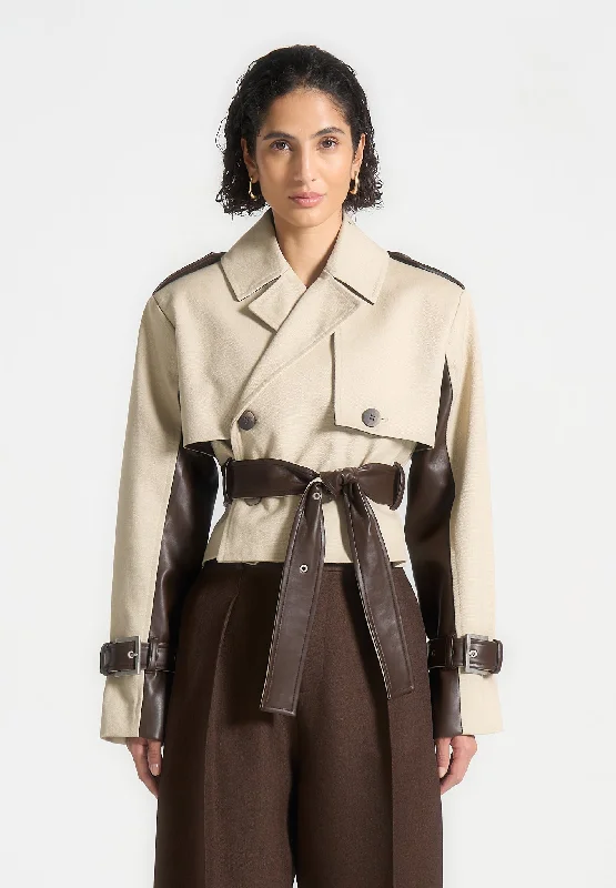 Cropped Trench Coat with Belt - Beige/Brown Fleece Down Feather