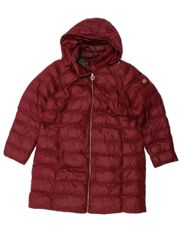 MICHAEL KORS Womens Hooded Padded Coat UK 18 XL Maroon Nylon Asymmetrical Collar Hooded Zippered