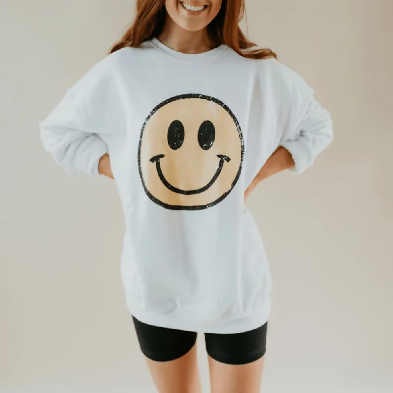 Distressed Smiley Sweatshirt Hoodie with Drop Shoulder Relaxed Streetwear