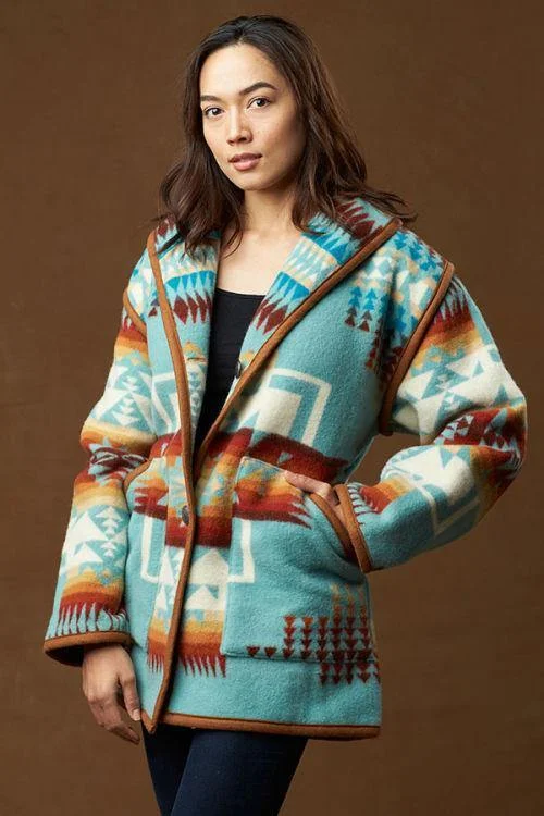 Kraff's Reversible Wool Car Coat, Chief Joseph, Aqua Fitted Loose Oversized