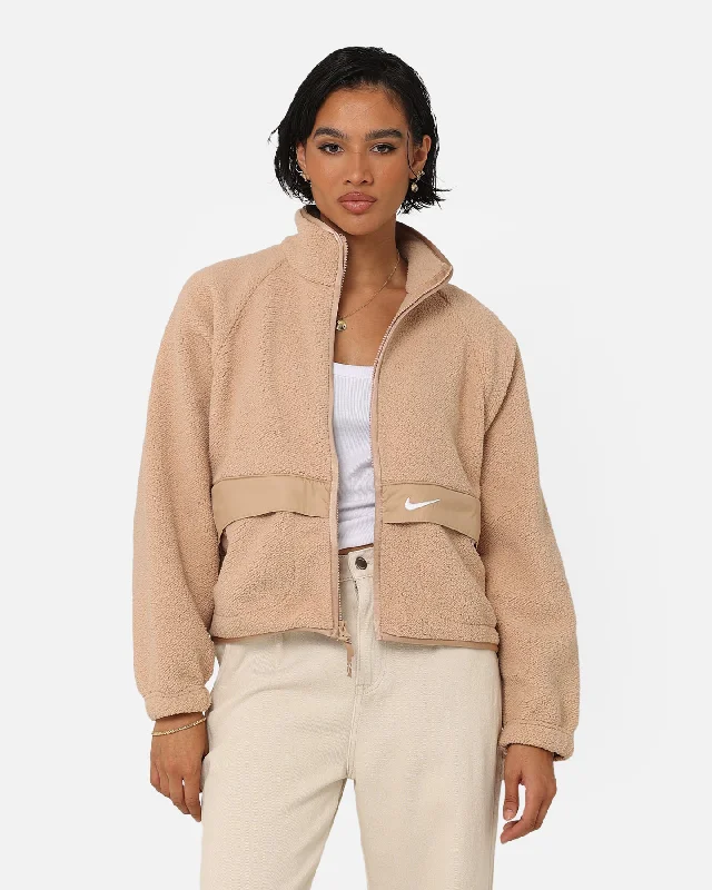 Nike Women's Sportswear Sherpa Jacket Hemp/Hemp/White Zippered Front Buttoned Front Snap Front