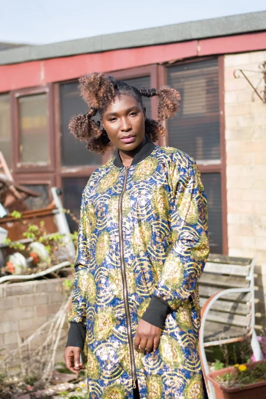 African Coat in Gold Blue Ankara Print - African Trench Coat - Festival Clothing Tweed Herringbone Houndstooth