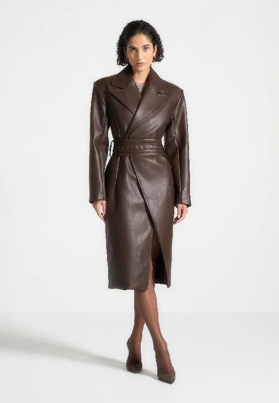 Leather Asymmetric Belted Coat - Brown Faux Fur Real Fur Shearling