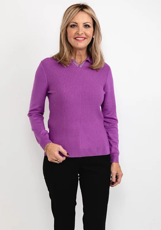 Castle of Ireland Jacquard Collared Sweater, Purple Zippered Front Buttoned Front Snap Front Castle of Ireland Jacquard Collared Sweater, Purple Zippered Front Buttoned Front Snap Front