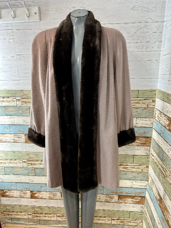 90s going 40s Open Wool Coat With Faux Leather Collar & Trim Quilted Jacket Anorak Windbreaker