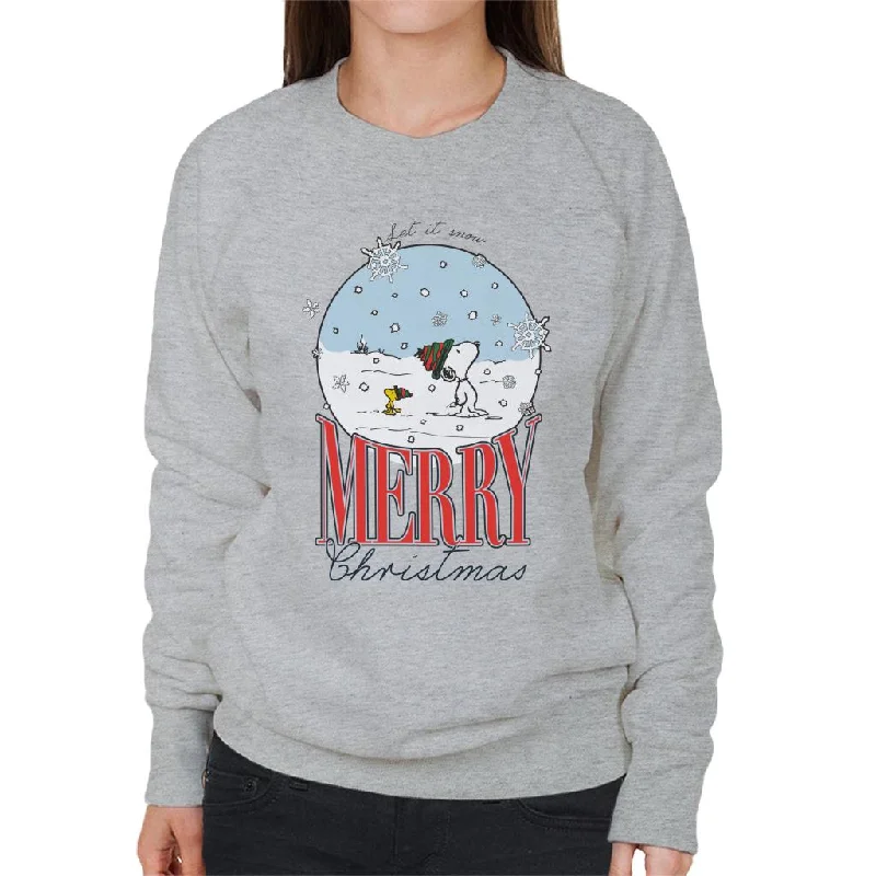 Peanuts Snow Globe Merry Christmas Women's Sweatshirt Hoodie with Hem Frayed Vintage Worn