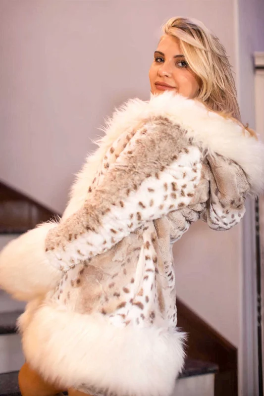 Women's Petite Playa Coat in "Snow Lynx" Hooded Caped Scarf