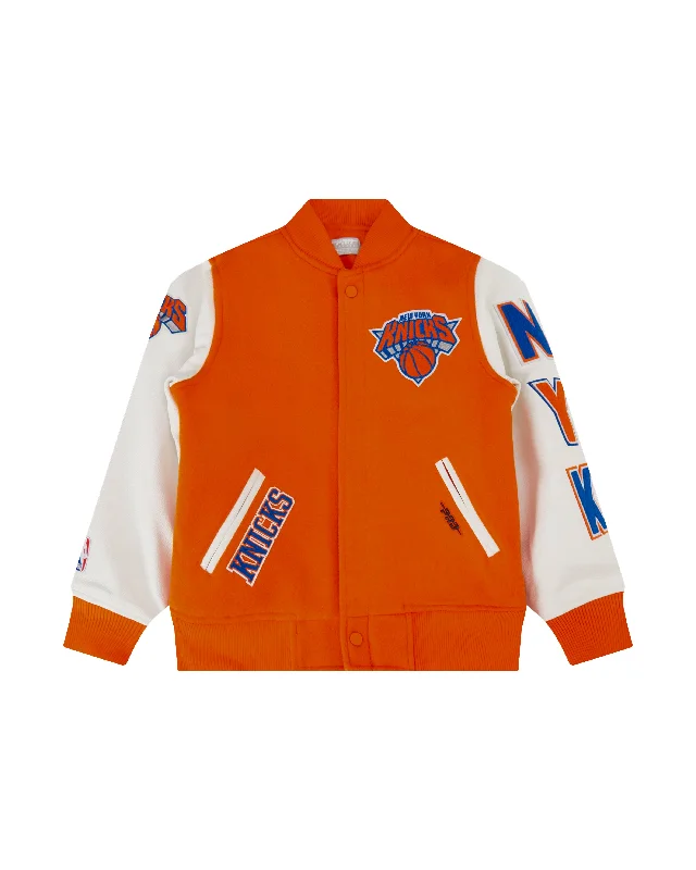 NBA NEW YORK KNICKS CLASSIC BB WOOL VARSITY JACKET (ORANGE/WHITE) Faux Fur Jacket Real Fur Jacket Shearling Jacket