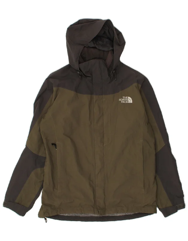 THE NORTH FACE Mens Hooded Rain Jacket UK 40 Large Khaki Colourblock Nylon Front Pockets Side Pockets Patch Pockets