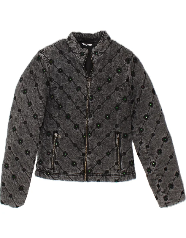 DESIGUAL Womens Graphic Denim Bomber Jacket EU 34 XS Black Floral Cotton Jersey Jacket Tulle Jacket Batik Jacket