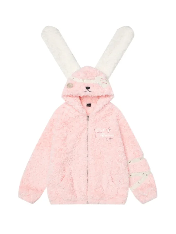‘Pink Crush’ Big Rabbit Ears Plush Cotton Coat Denim Leather Suede