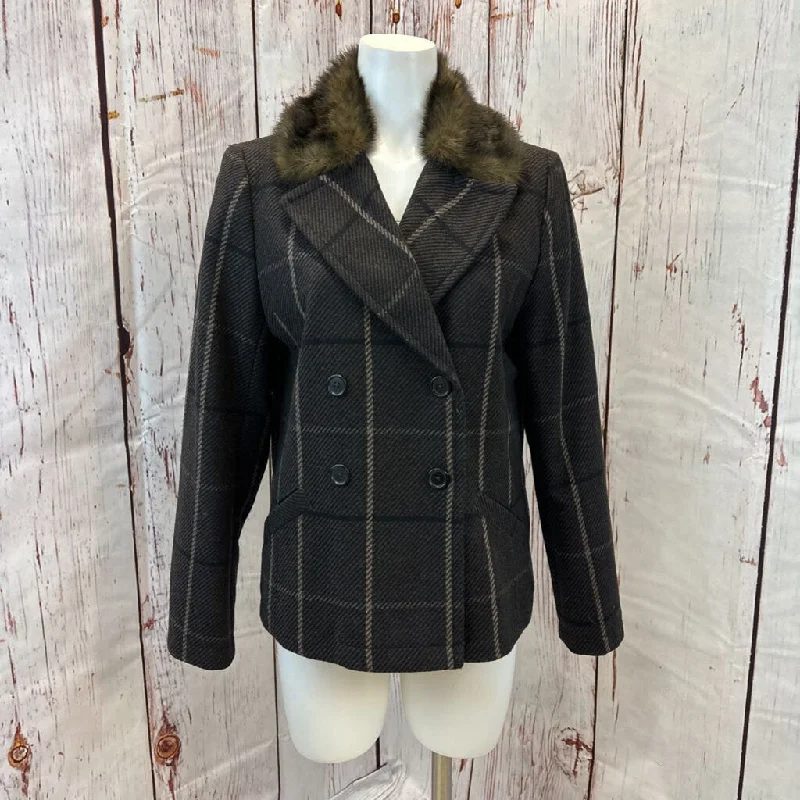 BANANA REPUBLIC EXPRESSO PLAID FAUX FUR COAT SIZE LARGE TC3 Crew Neck V-Neck Boat Neck