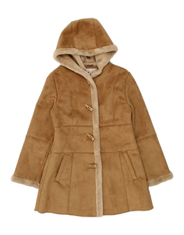 LARRY LEVINE Womens Hooded Sherpa Duffle Coat UK 14 Medium Brown Polyester Crew Neck V-Neck Boat Neck