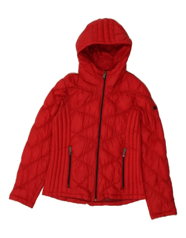 MICHAEL KORS Womens Hooded Padded Jacket UK 10 Small Red Argyle/Diamond Collared Jacket Crew Neck Jacket Turtle Neck Jacket