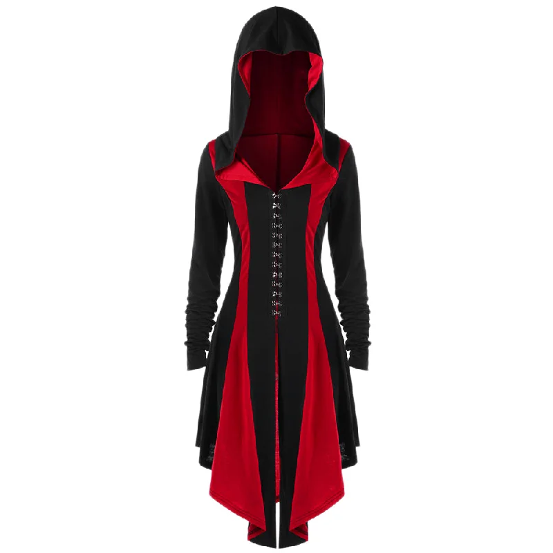 Gamiss Trendy Plus Size Lace Up Hook Button Hooded Coat Female Spring Outwear Women Gothic Color Block Thumb Hole Long Coat Off-the-Shoulder Jacket Double-Breasted Coat Single-Breasted Coat