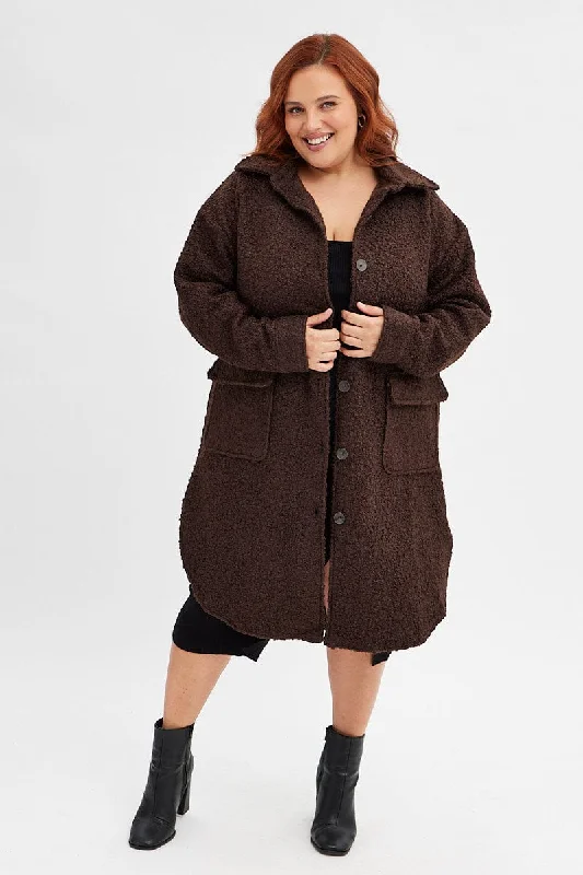 Brown Boucle Shacket Coat Longline Square Neck One-Shoulder Off-the-Shoulder