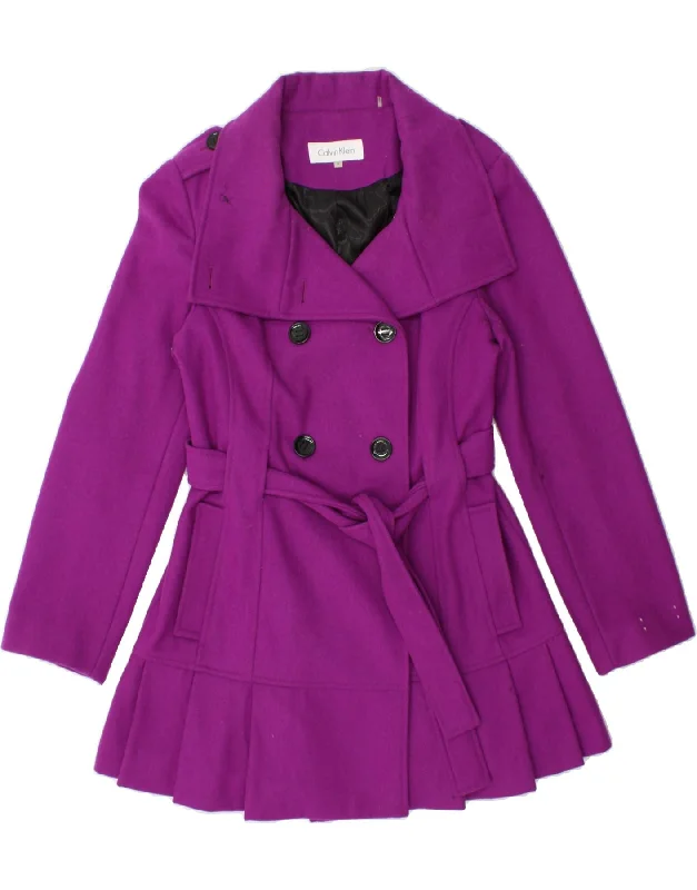 CALVIN KLEIN Womens Double Breasted Coat UK 12 Medium Purple Wool Fleece Down Feather