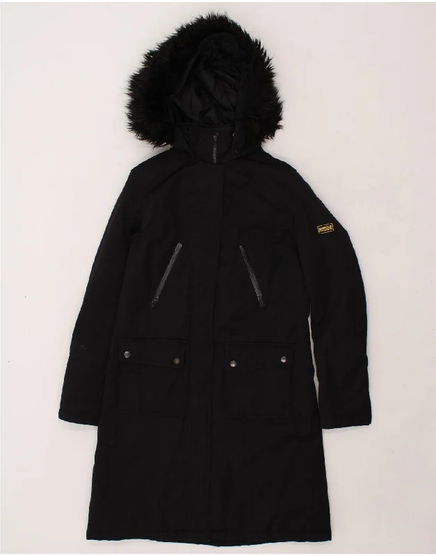 BARBOUR Womens Loose Fit Hooded Padded Coat UK 10 Small Black Polyester Rayon Velvet Corduroy