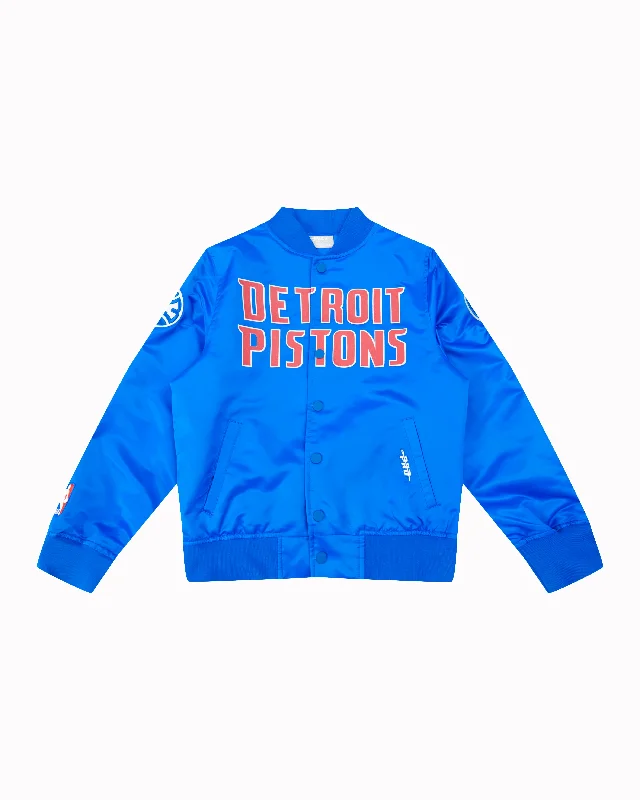 NBA DETROIT PISTONS CLASSIC BB SATIN JACKET (ROYAL BLUE) Stand-Up Collar Roll-Neck Collar Turtle Neck