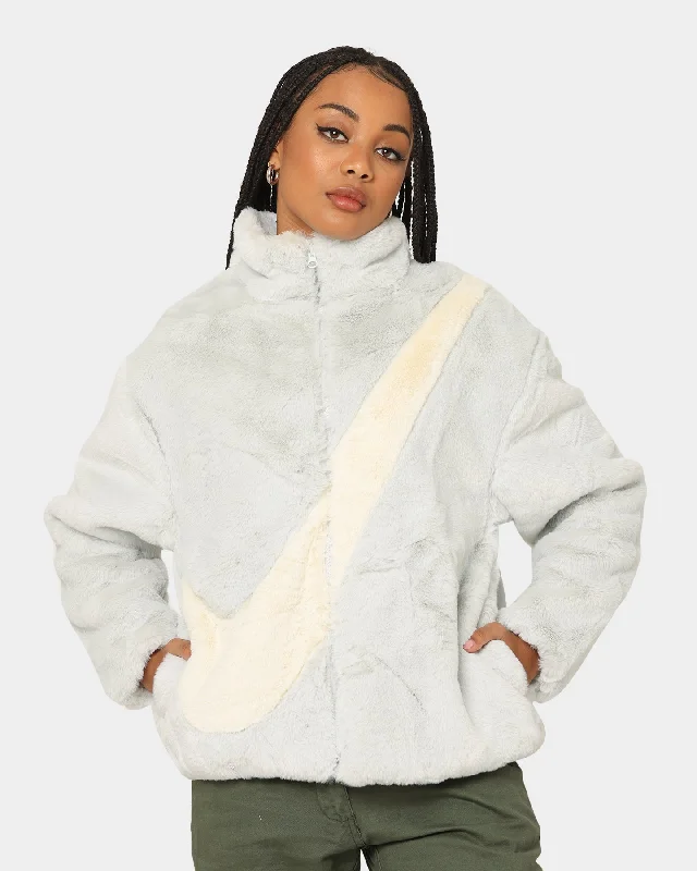 Nike Women's Sportswear Faux Fur Swoosh Jacket Photon Dust Cardigan Sweater Pullover