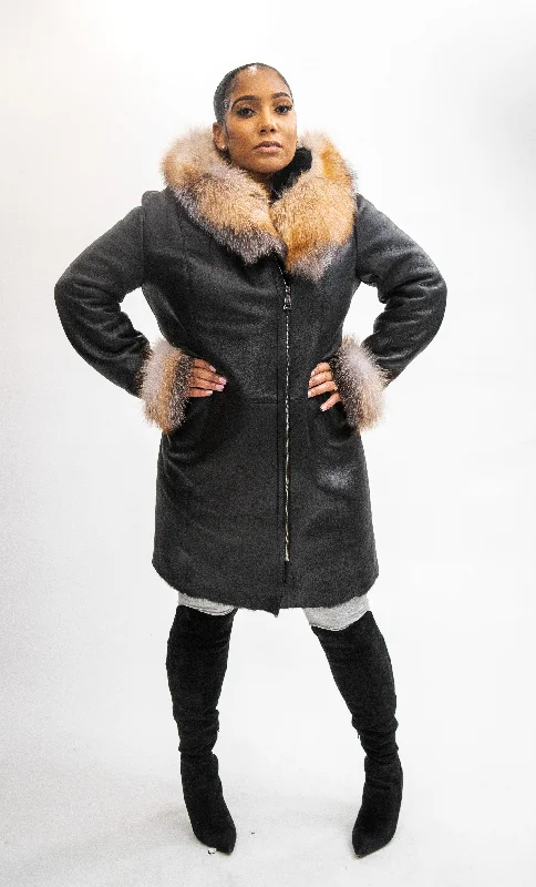 Women's Vivian Real Sheepskin 3/4 Coat With Fox [Crystal Fox] Blouse Shirt Tunic