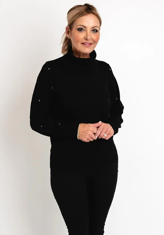 Micha Roll Neck Embellished Sleeve Knit Sweater, Black Wool Fabric Cashmere Fabric Tweed Fabric