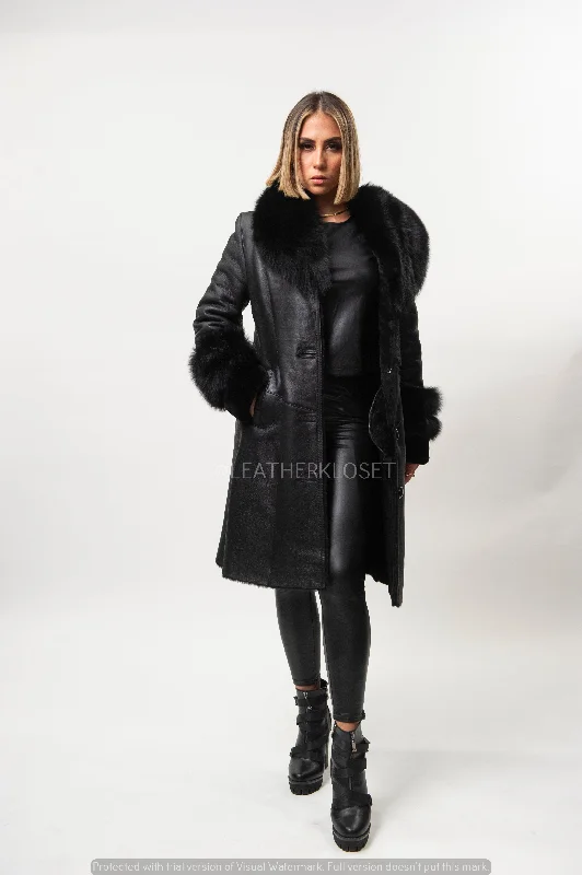 Women's Trisha Real Sheepskin 3/4 Coat With Fox [Black] Kimono Robe Cloak