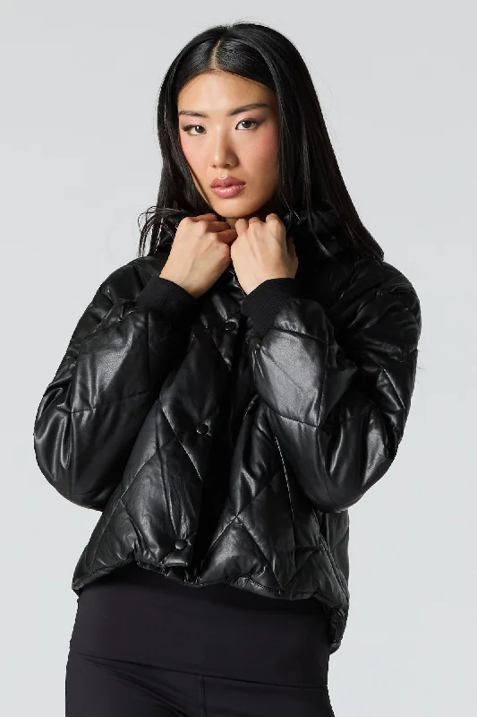 Quilted Faux Leather Jacket A-Line Jacket Boat Neck Shawl Collar