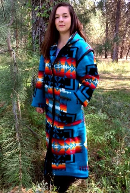 Kraffs Reversible Long Wool Coat, Chief Joseph Turquoise Zip Front Button Front Snap Front