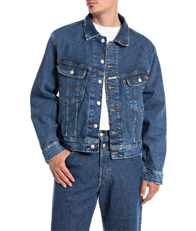 Oversized Denim Jacket - Blue Front Pockets Side Pockets Patch Pockets