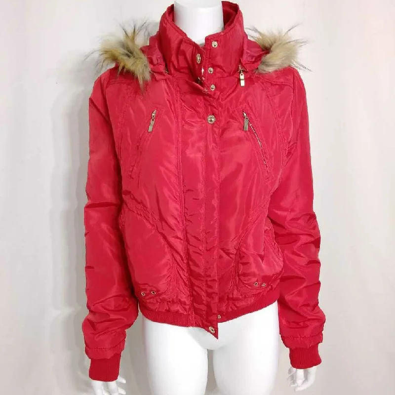 WOW COUTURE WORLD OF WOMEN RED HOODED COAT SIZE LARGE TCC Pleated Ruffled tiered