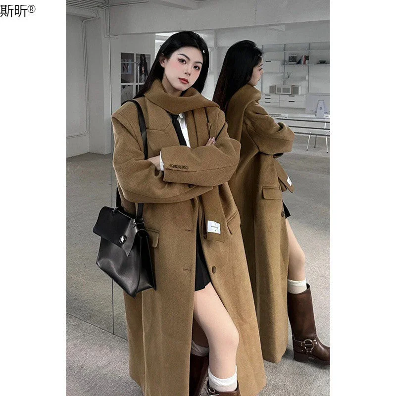 Wjczt dti outfits Long Woolen Coat New Autumn and Winter Korean Style Small Sense Hepburn Style Woolen Coat Bomber Jacket Denim Jacket Leather Jacket