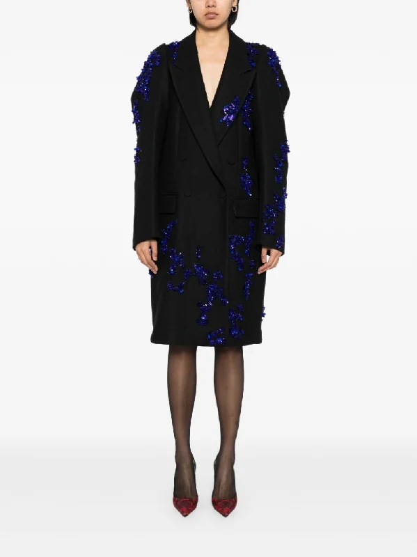 DRIES VAN NOTEN - Women Wool Blend Embroidered Coat Sequined Lace Ribbed