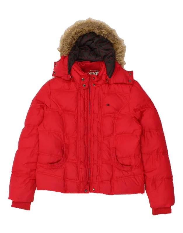 TOMMY HILFIGER Womens Hooded Padded Jacket UK 18 XL Red Polyester Belted Jacket Elasticated Jacket Padded Jacket